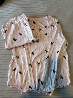 Studio 1886 Pink Striped Cat Print Pajama Set